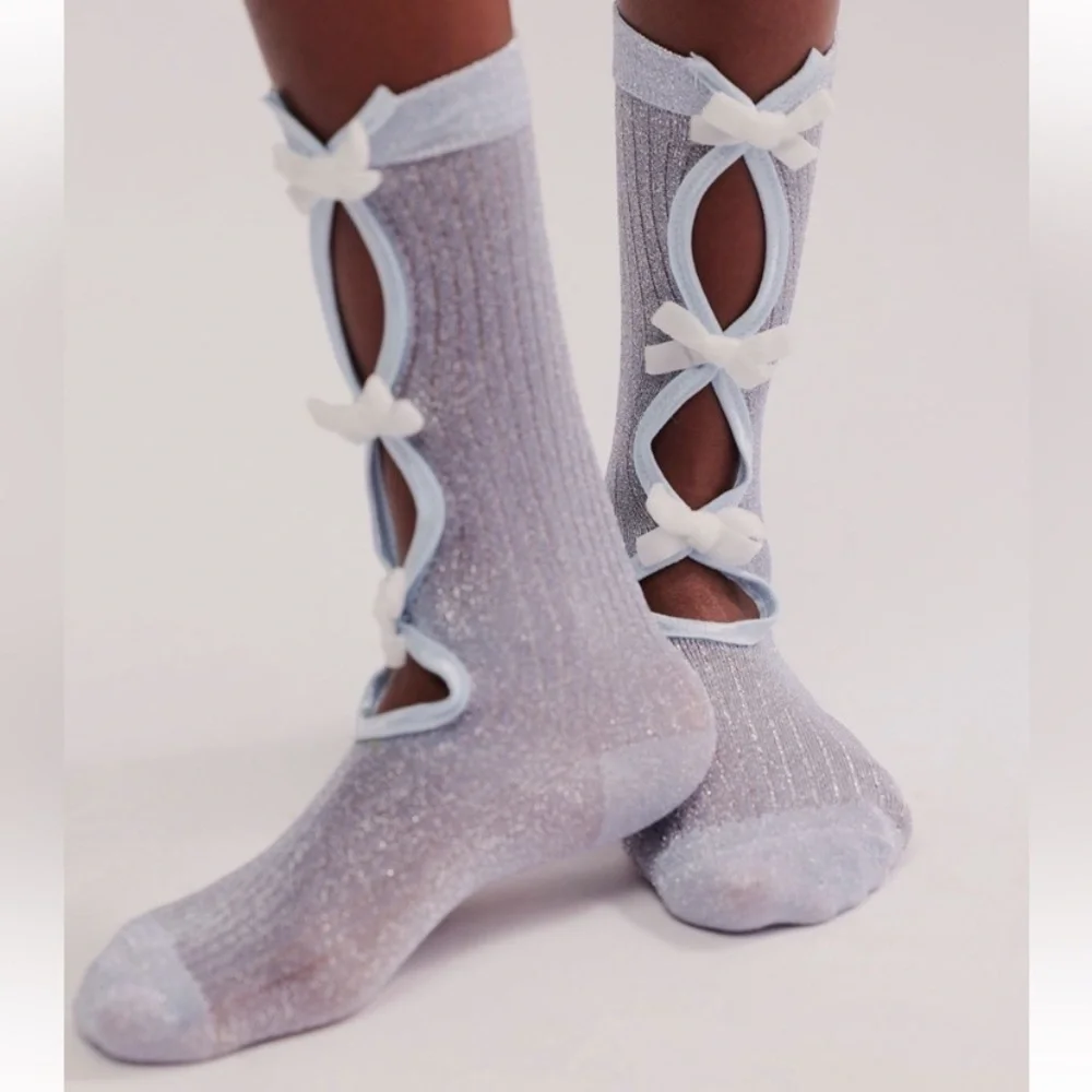 Free People Lurex Bow Crew Socks New In Package
